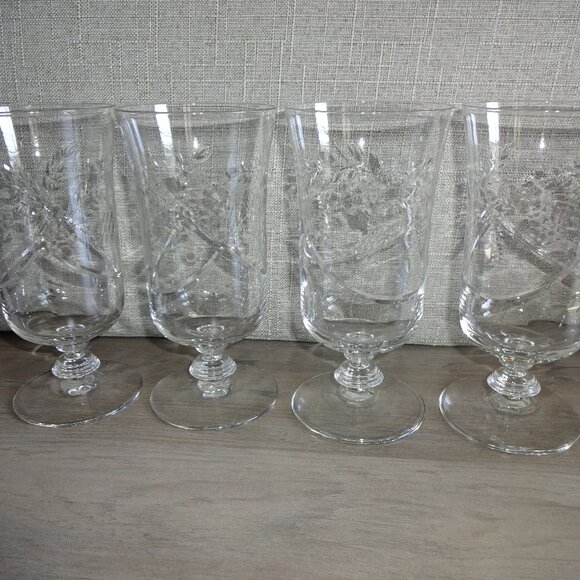 Set of 4 Vintage Libbey Rock Sharpe ? Etched Iced Tea Water Glasses Flowers - Picture 2 of 9